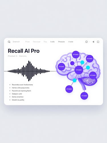 A high-fidelity, minimalist UI dashboard mockup of Recall AI Pro on a clean light gray background. To the left, a voice note waveform is being transcribed into clean bullet points. To the right, a neural mind map visualization with connected nodes in brand purple (#7C3AED) and cyan accents.