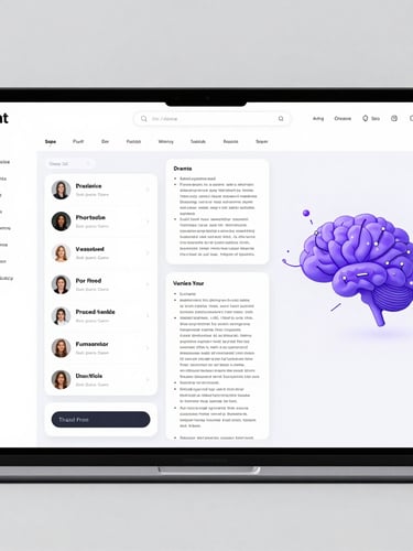 Tight crop on a minimalist SaaS dashboard interface, bright diffused studio lighting, displaying a clean sidebar, a central feed of voice transcripts and highlighted PDFs, and a purple-accented neural mind map on the right, high-fidelity UI design.