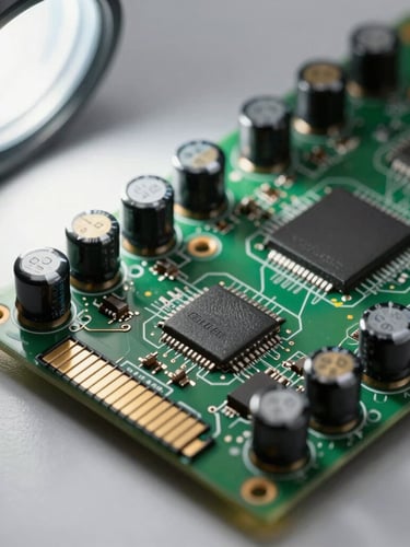 High-contrast macro photograph of a telecom baseband unit processing board, showing gold-plated contacts, capacitors, and serial number plates under bright white laboratory light.