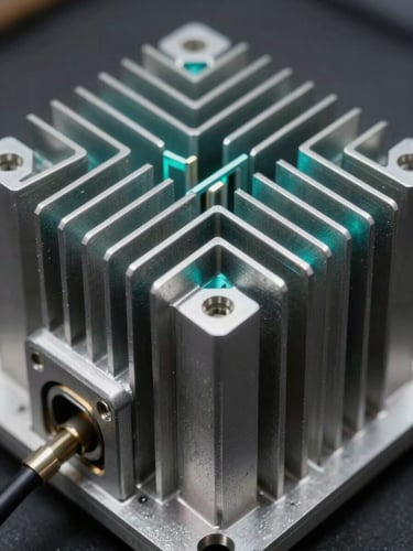 Close-up macro shot of a metal Remote Radio Unit heatsink, sharp aluminum fins, high-contrast industrial studio lighting, electric teal highlights, technical serial plate visible on the side.