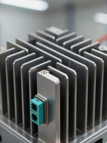 Macro close-up of industrial telecom Remote Radio Unit heatsink fins, sharp metallic edges, electric-teal ports, high-contrast clean warehouse lighting.