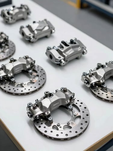 Pristine motorcycle brake calipers and metallic discs on a clean workbench, bright industrial lighting, cool daylight, high contrast, 50mm lens