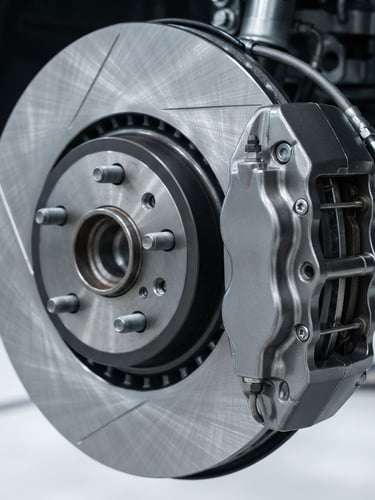 Macro shot of a pristine metallic brake disc and brake caliper, bright industrial lighting, sharp metallic reflections, clean commercial style