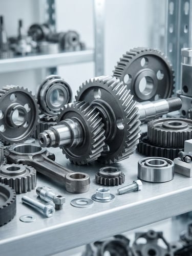 Close-up of pristine metallic engine components and gears on a clean industrial warehouse shelf, bright cool daylight, sharp metallic details, high-contrast commercial product style, 50mm lens