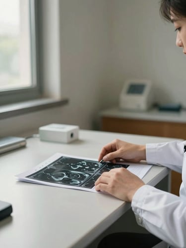 Close environmental frame of a consultation room interior — a physician's hands resting on a desk beside a printed imaging report, warm north-facing daylight from a window to the left, the foreground desk surface sharp and the background wall softly out of focus, no people visible, calm and ordered clinical atmosphere