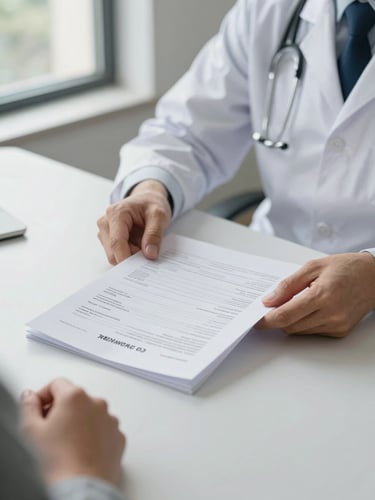 Close framing of a physician's hands holding a printed treatment summary document across a consultation desk, natural window light from the left, a patient's hands visible at the opposite edge of the frame indicating a two-person conversation, calm and attentive atmosphere