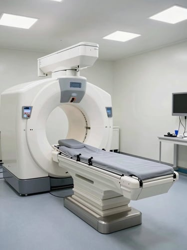 Wide environmental shot of a modern linear accelerator treatment room, the machine positioned over an empty treatment couch, bright clinical overhead lighting, no patients or staff present, emphasising the precision geometry of the equipment and the room's clean institutional scale