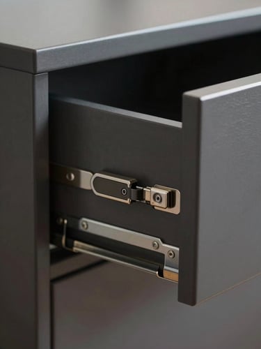 Extreme close-up of a dark charcoal cabinet drawer slightly open, revealing premium soft-close hardware and flawless joinery, soft diffused natural lighting.