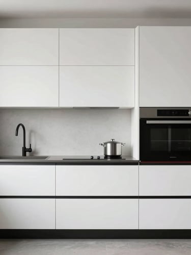 Straight-on architectural elevation of a modern luxury kitchen with matte white cabinetry, integrated black hardware, and subtle red accent line details, diffused natural side-lighting.