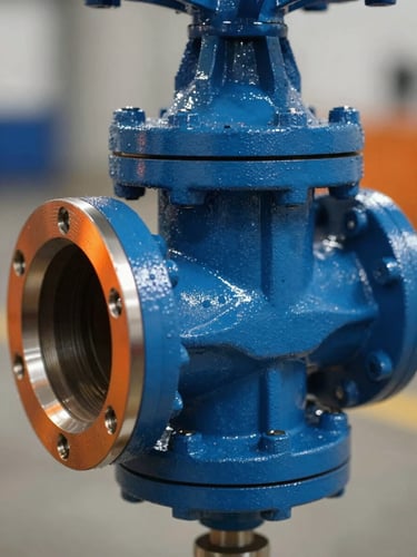 Macro close-up of a heavy industrial valve assembly, cool blue steel surfaces with sharp orange light reflecting off machined edges, high contrast, shallow depth of field.
