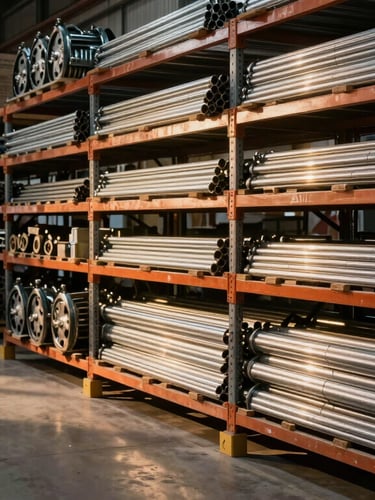 Wide panoramic shot of an organized industrial supply warehouse, racks of steel pipes and mechanical components, dramatic high-contrast side lighting with warm golden highlights.