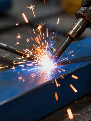 Close-up of a high-contrast industrial welding arc, warm orange sparks flying against deep blue metal plates, dramatic lighting, macro framing.