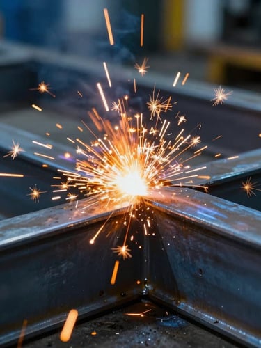 Dramatic close-up of high-grade steel fabrication with intense warm orange welding sparks contrasting against cool blue ambient industrial light, macro framing.