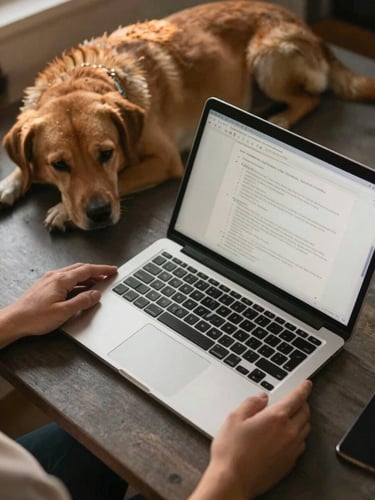 Overhead framing of a person's hands holding a laptop open on a desk, a dog resting nearby with its head turned slightly toward the screen, diffused golden afternoon light, calm domestic setting, no distractions, quiet proximity