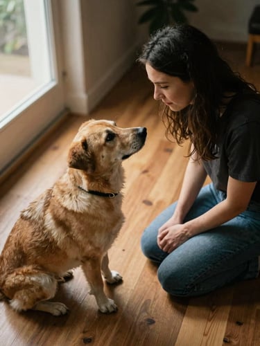 Close observation shot from above: a woman kneeling calmly beside a medium-sized dog on a wooden floor, the dog making quiet eye contact with her, soft diffused natural light from a side window, warm interior tones, no training equipment visible, stillness and attentiveness