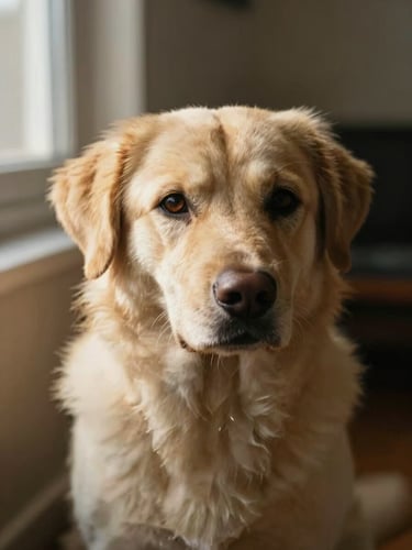 Close portrait of a calm dog holding attentive eye contact with its owner just off-frame, soft north-facing window light falling across the dog's face, shallow depth of field, warm golden-hour tone on fur, quiet domestic background out of focus