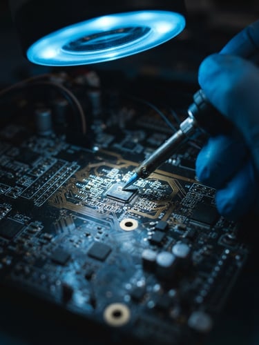 Macro photography of a technician's hands soldering a micro-chip on a motherboard under a glowing blue microscope light, shallow depth of field, 35mm