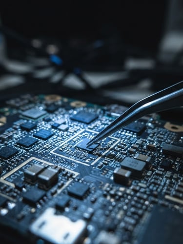 Macro close-up of micro-soldering on a mobile phone motherboard under a glowing blue microscope light, precision tweezers holding a tiny microchip, dark tech lab background, shallow depth of field, 35mm