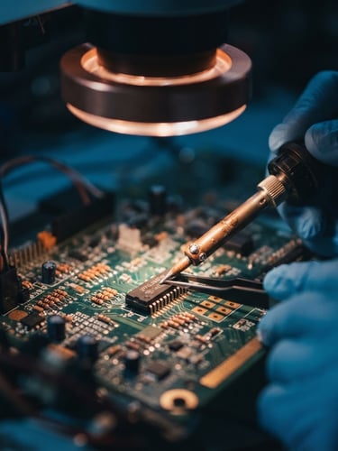 Macro photograph of a master technician's hands micro-soldering a tiny IC chip on a circuit board under a high-tech microscope, moody blue and copper-orange ambient lighting, shallow depth of field, 35mm.