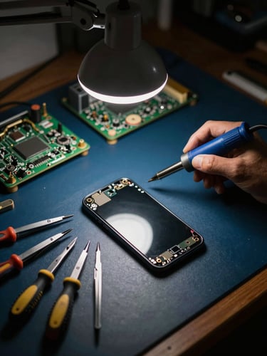 Top-down view of a clean, organized electronics repair workbench with precision screwdrivers, tweezers, a soldering iron, and a disassembled smartphone, illuminated by a focused warm workbench lamp, dark background.