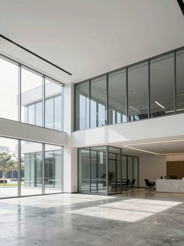 Bright architectural photography of a pristine corporate lobby with glass walls and polished concrete floors, sharp daylight, minimalist aesthetic, 35mm