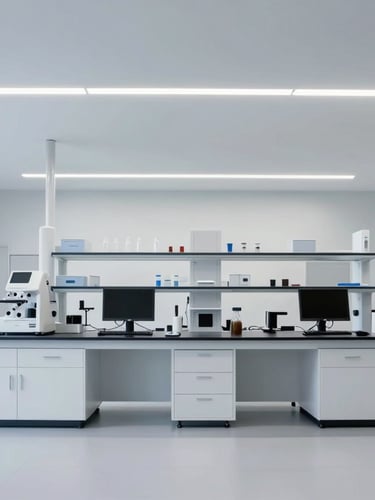 Bright architectural photography of a pristine high-tech laboratory with clean minimalist interiors, cool neutral tones, sharp focus, 35mm.