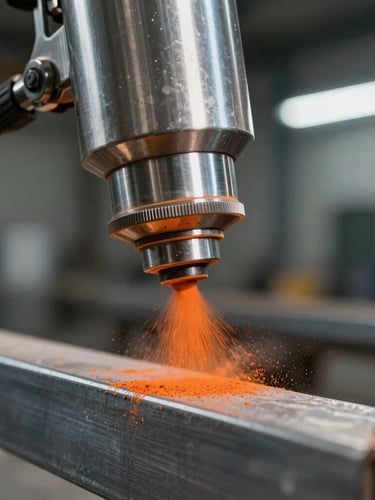 Extreme close-up of an electrostatic powder coating gun emitting a fine mist of safety orange polymer powder onto a clean steel beam, high-contrast industrial workshop lighting, metallic reflections, 35mm lens