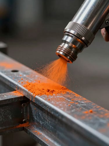Macro shot of electrostatic powder gun spraying bright safety orange powder onto a structured steel beam, dramatic workshop lighting, vivid metallic reflections, 35mm lens