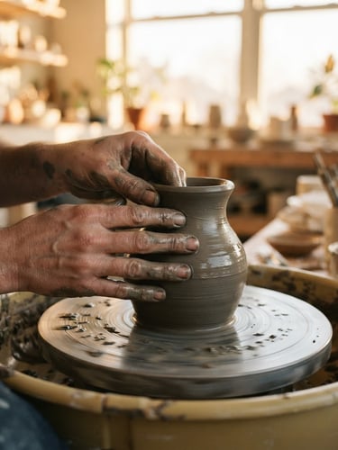 Hands shaping a wet clay vase on a spinning pottery wheel, soft golden-hour window light, close-up macro shot, shallow depth of field
