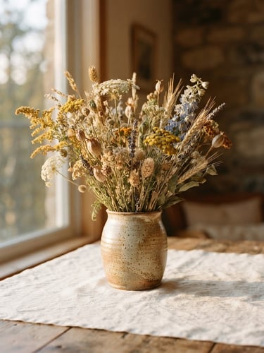 Soft golden-hour window light illuminating a rustic ceramic vase filled with dried wildflowers on an almond white linen tablecloth, shallow depth of field, 35mm