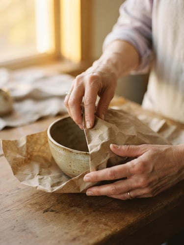 Close-up of hands wrapping a ceramic bowl in textured kraft paper, soft golden-hour window light, shallow depth of field, 35mm.