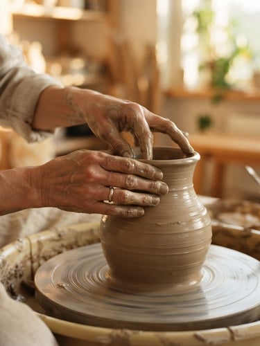 Macro portrait of potter's hands shaping a wet clay vase on a spinning wheel, warm golden-hour window light casting soft organic shadows, shallow depth of field, 35mm