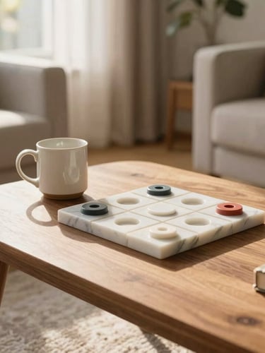 A beautifully styled wooden coffee table in a sunlit living room, featuring a ceramic mug next to a marble Tic Tac Toe game, soft morning window light, cozy luxury aesthetic, 35mm