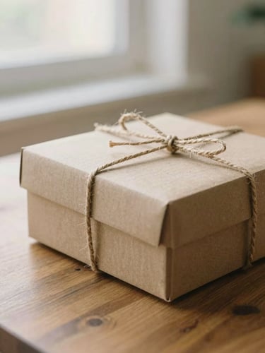 A sealed cardboard box tied with natural twine resting on a wooden table, soft diffused sunlight, tactile texture.