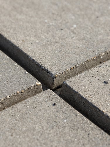 Close-up macro shot of interlocking concrete paving tiles, showing the rich textured aggregate and flawless tight joints under warm side-lighting