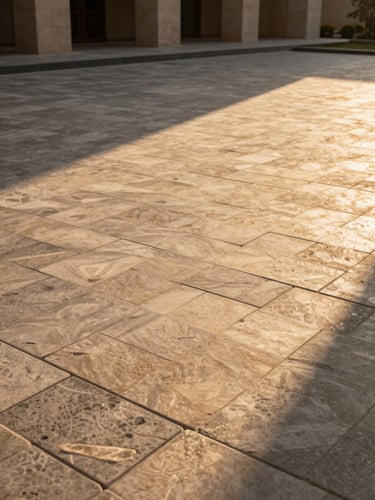 Low-angle architectural photograph of a modern Lahore courtyard paved with precision-aligned sand-toned interlocking tiles, warm golden hour sunlight casting sharp geometric shadows.