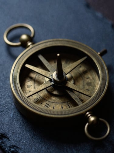 Macro close-up of a vintage brass astrolabe, dramatic chiaroscuro lighting, dark slate background, 35mm film grain