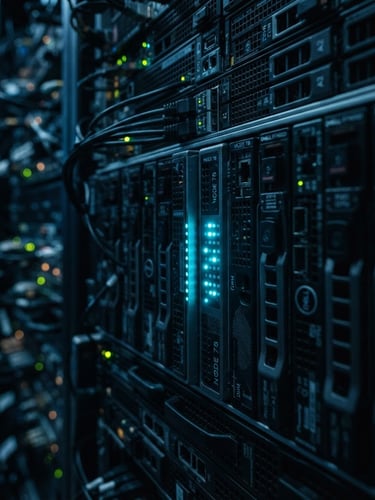 Macro close-up of high-density server rack blades, cool blue terminal glow, sharp focus on blinking cyan status LEDs, dark-mode aesthetic, 35mm cinematic lens