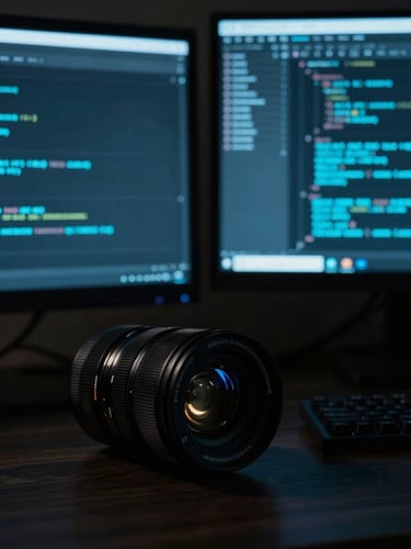 A high-contrast close-up of a modern developer workstation in San Francisco, terminal screens displaying clean code in electric cyan, moody low-key ambient lighting, 35mm cinematic lens.