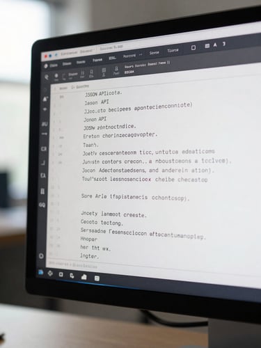 Close-up of a desktop monitor displaying a clean JSON API response payload in a dark terminal window, crisp monospace font, natural office daylight from the left, no people, minimal desk surface visible at bottom edge