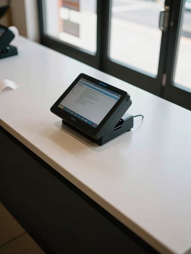 Wide overhead shot of a retail checkout counter with a payment terminal screen glowing on a clean laminate surface, natural daylight through a storefront window, no people, receipt roll visible at edge