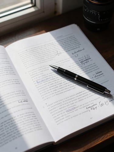 Close overhead view of a desk surface — open contract pages with handwritten annotations in ink, a pen resting mid-sentence, natural window light raking across the paper from the left, shadows casting across the margins