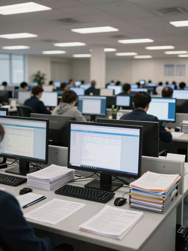 Panoramic wide shot inside a large-scale hiring operations floor, rows of workstations with screens showing structured candidate data, overhead fluorescent lighting, no faces visible, supply-chain operational environment with document trays and verification folders in the foreground