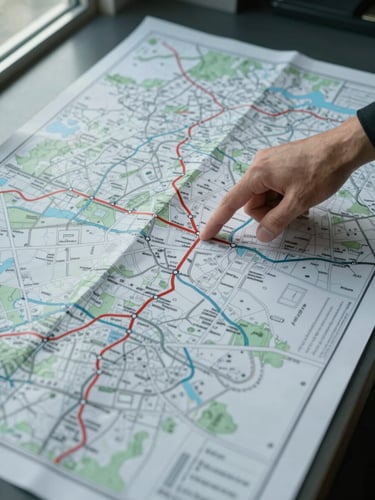 Close overhead shot of a large-format operations map spread across a table, printed route lines and jurisdiction markers visible, a single hand pointing to a cross-border corridor notation, cool daylight from a side window, no faces