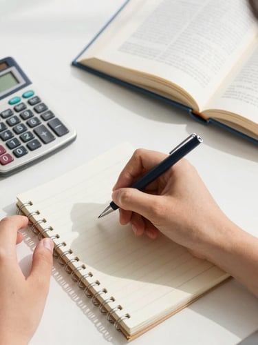 Overhead flat-lay of a student's hands writing in a paper ledger next to a classic calculator and open textbook, bright natural daylight, sharp shadows.