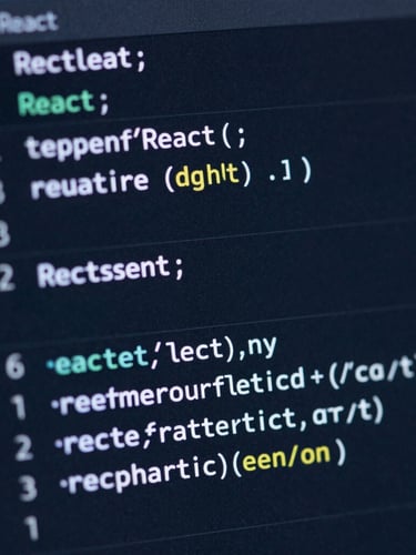 Tight macro shot of clean, zero-bloat React code on a dark terminal screen, cool-toned ambient blue light, sharp focus on syntax