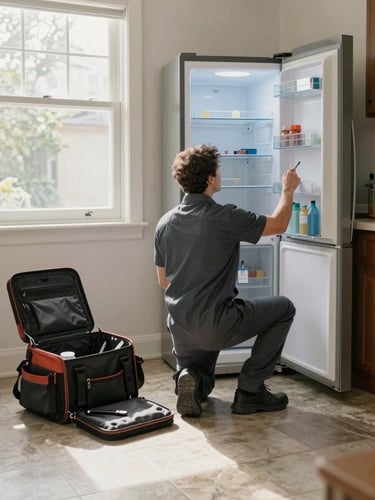 Wide environmental shot of a technician kneeling beside an open refrigerator in a home kitchen, tool bag open on the tile floor to the left, credential badge clipped to shirt, natural daylight from a nearby window, cool ambient light