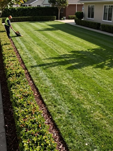 Wide environmental shot of a commercial property perimeter, crew member trimming a hedge line from the left edge of frame, clean mulched border visible at mid-morning, natural shadow detail across manicured turf, practical working scale