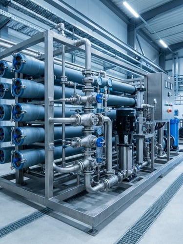 A heavy industrial RO skid with stainless steel multi-port valves and high-pressure vessels, bright clean industrial overhead lighting, cool blue and metallic tones.