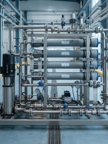 Crisp industrial photography of a heavy-duty stainless steel industrial RO skid, high-pressure membranes, clean neutral daylight, cool blue and metallic tones, sharp focus, 35mm lens